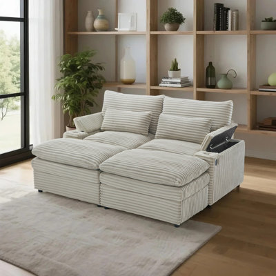 Causeuse convertible en velours côtelé avec 2 repose-pieds mobiles, rangement, ports USB et porte-gobelets pour salon et appartement