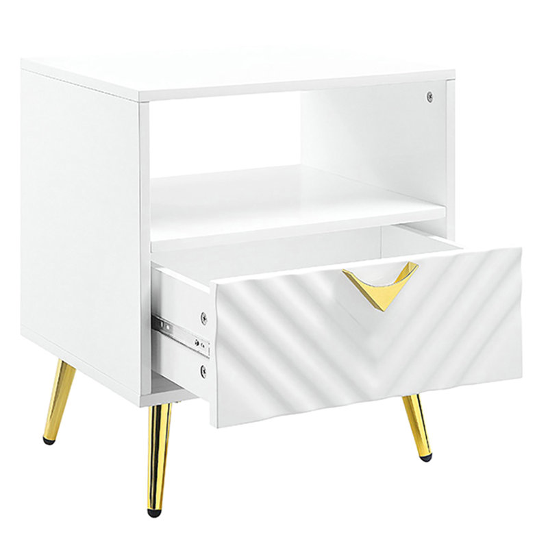 Table de bout blanche ultra brillante - Solution de rangement et de présentation avec pièces en métal pour la fabrication de tablettes