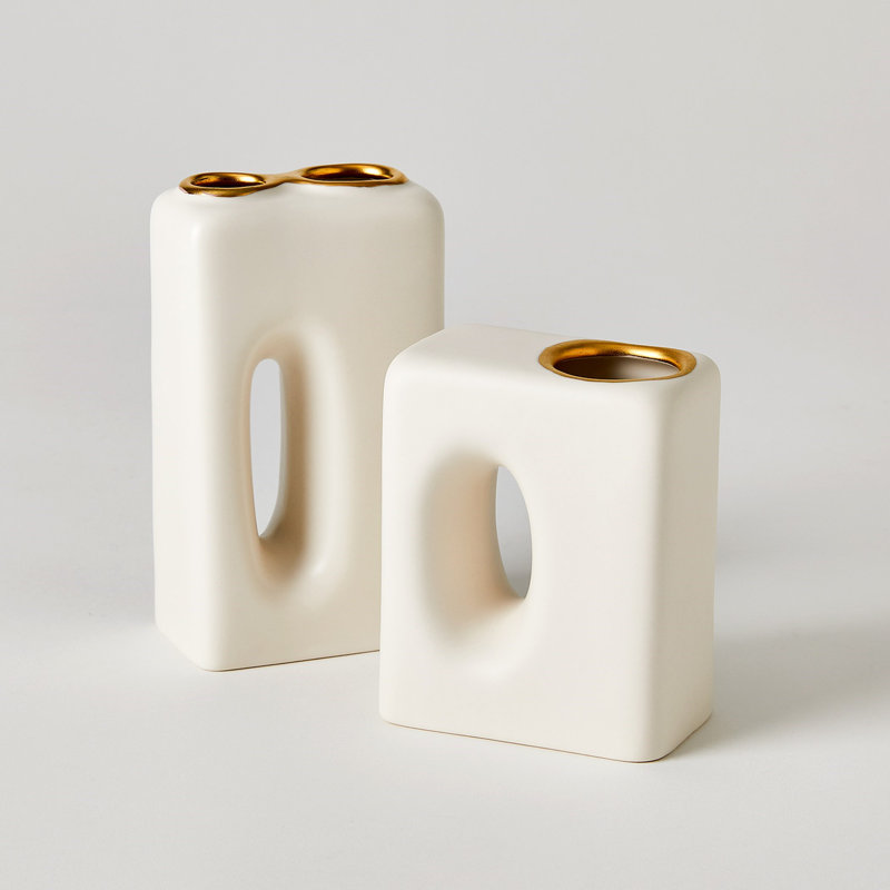 Oh Yes Handmade Earthenware Table Vase, Matte White/Gold