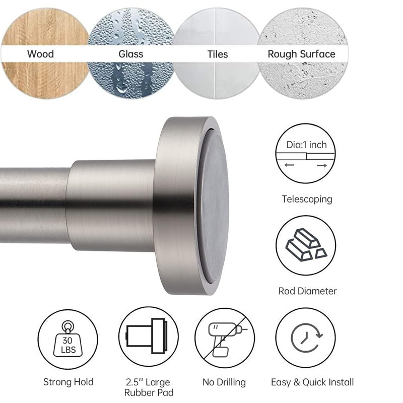 Adjustable Spring Tension Shower Curtain Rod 43-73", No Drill Non-Slip Metal Steel Rod, Brushed Nickel