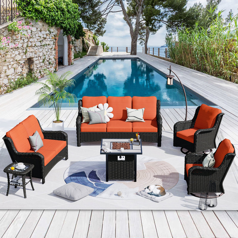 Keijuan 5 - Person Patio Conversation Set with Cushions, Orange Red, Brown