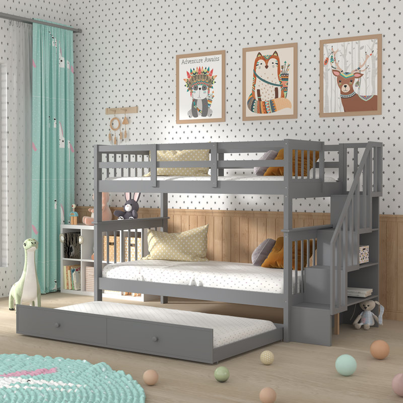 Fazer Kids Twin Over Twin Bunk Bed with Trundle, Gray