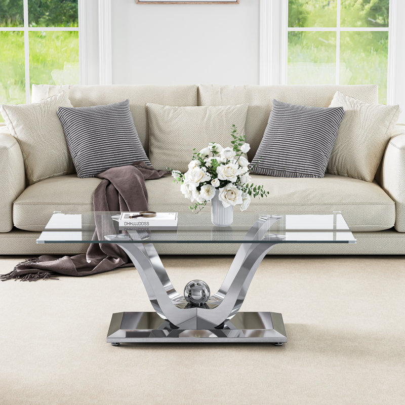 47" Rectangular Glass Coffee Table, 0.39" Thick Tempered Glass And Stainless Steel Floral Base, Silver