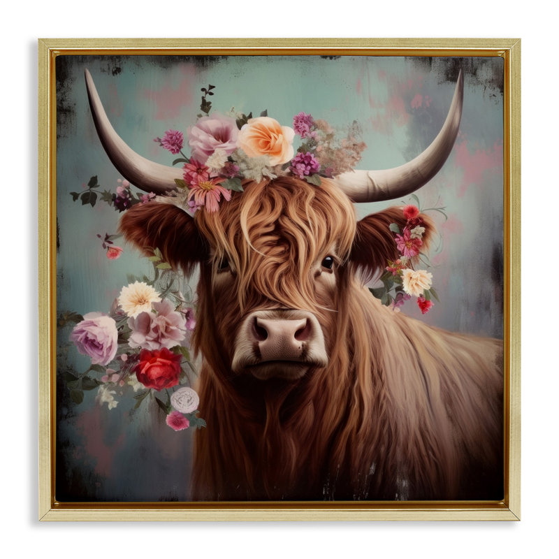 Vache avec fleurs rétro, H 18 po x l 18 po, Cadre flottant métallique doré