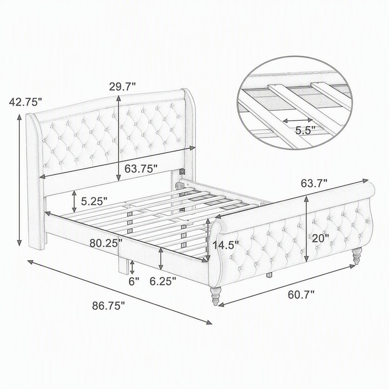 Upholstered Bed, Queen, Beige