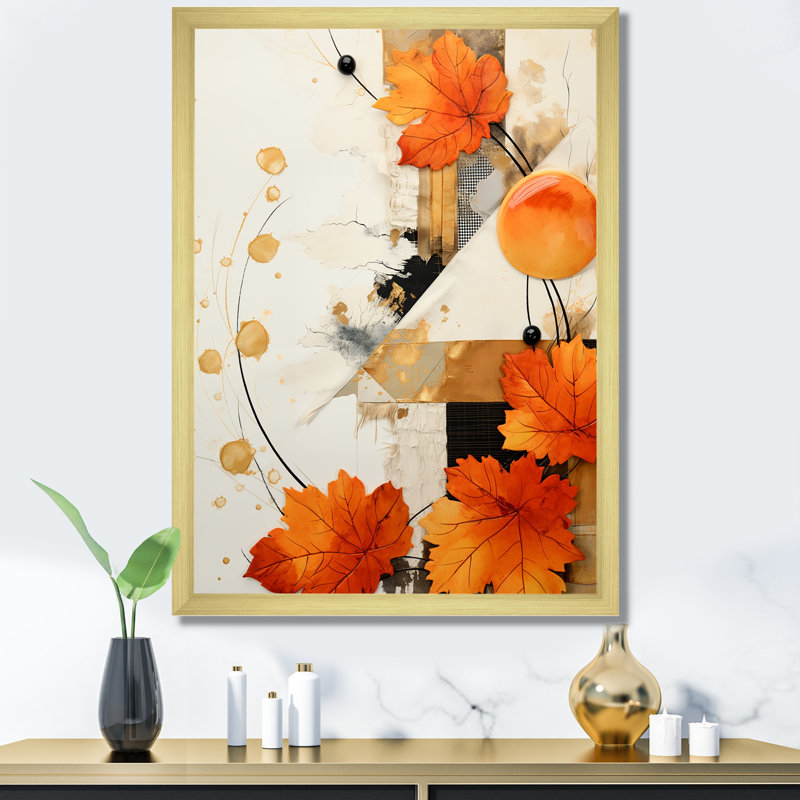 «Orange Floral Twilight Dream Abstract Collages I», art mural abstrait, Cadre doré simple, H 44 po x l 34 po x P 1,5 po