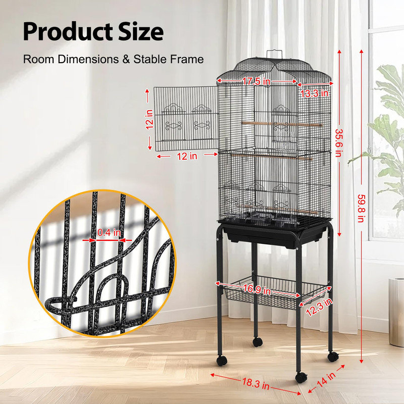 Cage à volière pour oiseaux de 60 po de hauteur, support en métal avec bols de rangement et d'alimentation pour perroquets, pinsons et cacahuètes