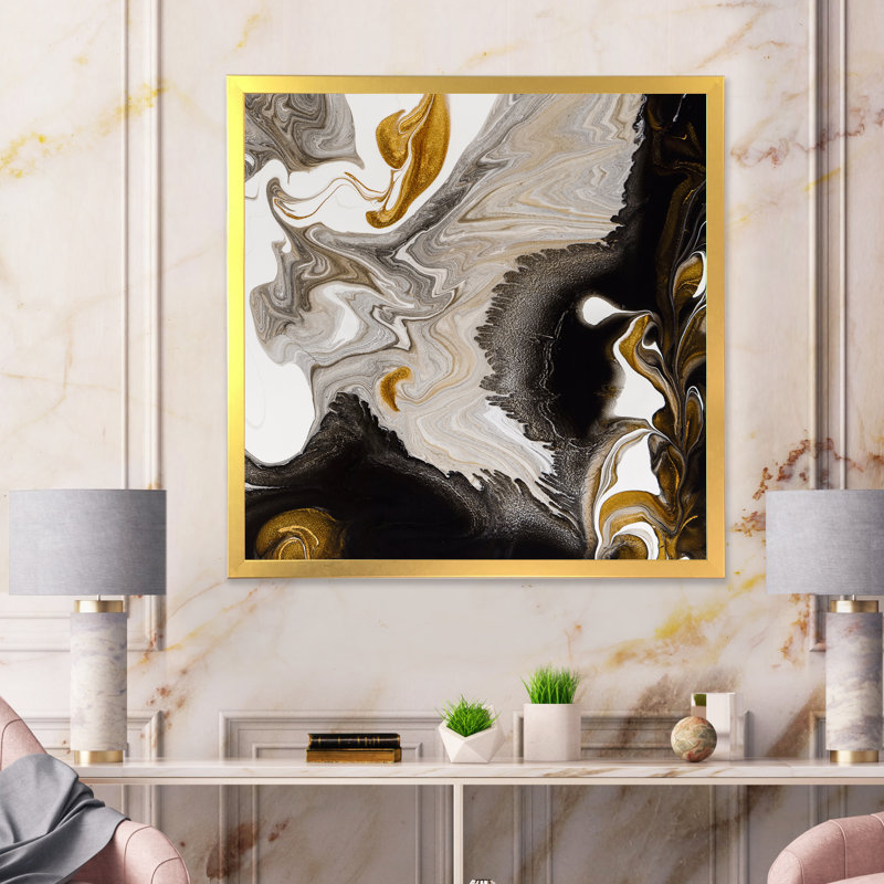 «Gold and Black Marble Waves IV», reproduction d'art sur toile moderne, H 16 po x l 16 po x P 1 po, Encadrement doré
