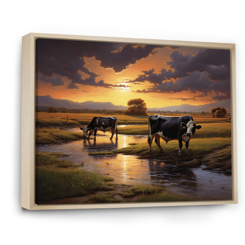 «Kvon Cows At Farm Landscape II», reproduction sur toile, H 12 po x l 20 po, Cadre naturel flottant