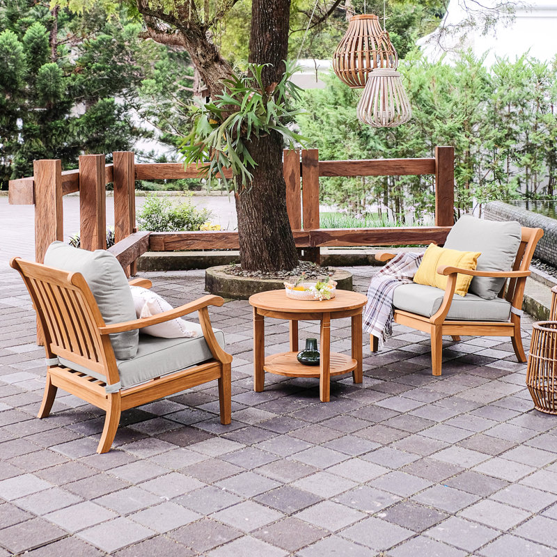 Ensemble de conversation d'extérieur 3 pièces en teck avec coussins Arizona, 24", Naturel