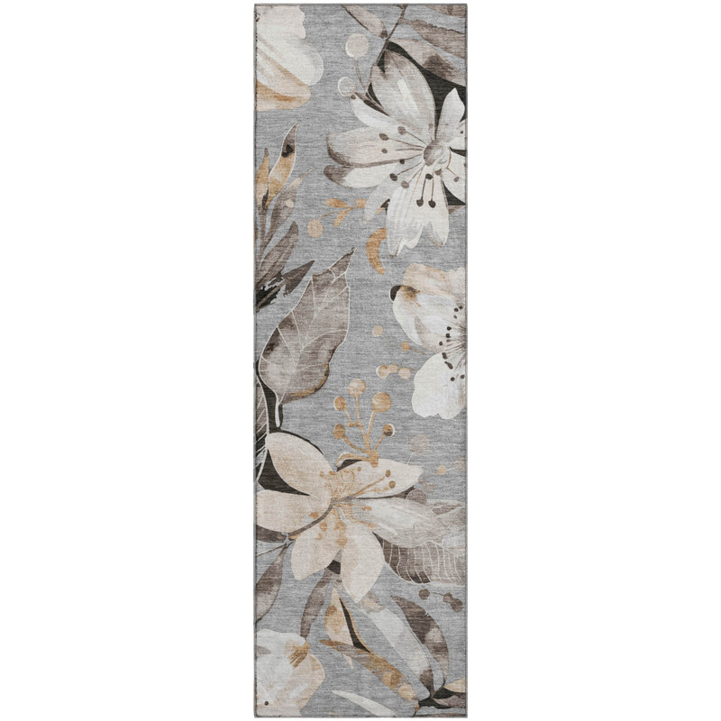 Premium Machine Washable Mayfield AMF2260 Floral Rug, Gray, 2'3" x 7'6" Runner