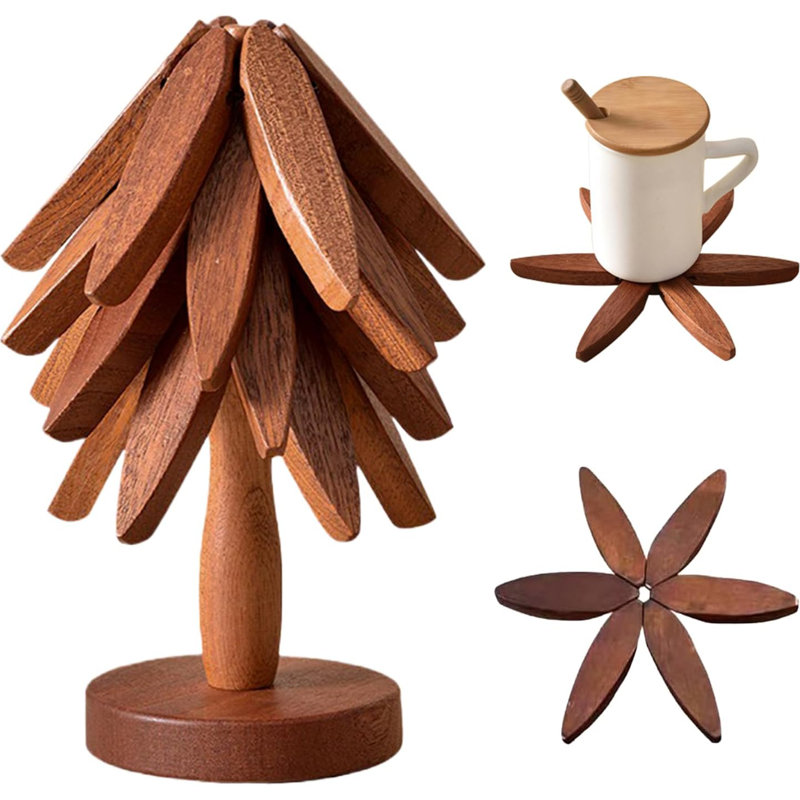 Wooden Trivets for Hot Dishes Walnut Tree Table Mat Set Set of 4 Natural Foldable Wooden Tree Trivet