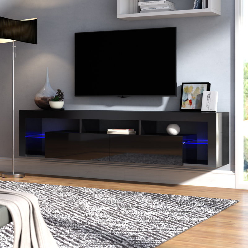Hugo Modern TV Stand for TVs up to 90" with 16-Color LED Lighting, Glass Shelves, Wall-Mounted, Black