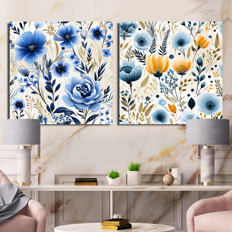 Blue Boho Chic Floral Motif II - ensemble de collage abstrait botanique carré de 2, H 16 po x l 33 po, Toile tendue