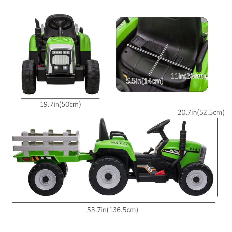 Green 12V Electric Ride-On Tractor with Trailer