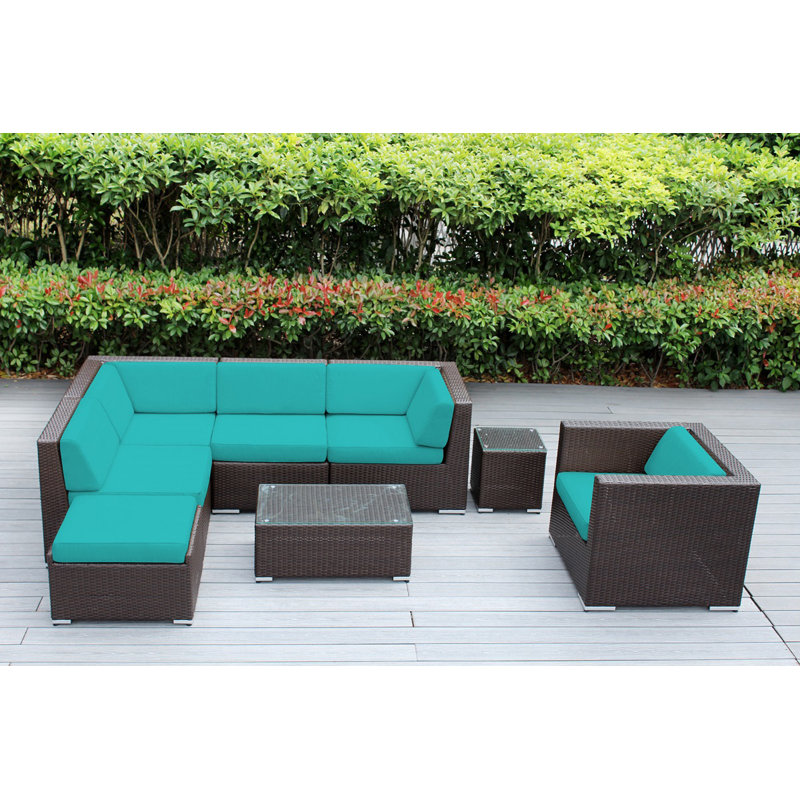 Ensemble de conversation en osier pour 6 personnes avec coussins - aucun assemblage, Toile Aruba Sunbrella®, Brun foncé