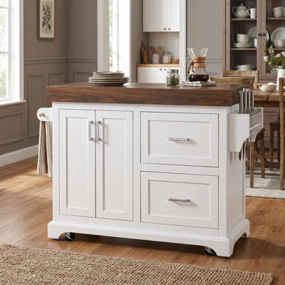 53" MDF Large Kitchen Island with 3.5" Thick Desktop, Spice and Towel Racks  White