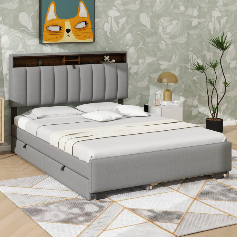 Lit plateforme tapissier avec tête de lit, Gris, Grand lit