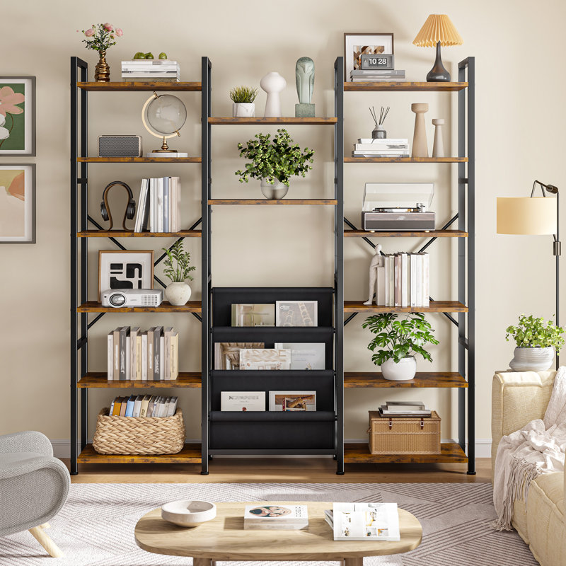 Bibliothèque à 5/6 niveaux avec bacs suspendus en tissu, tablettes réglables, unité de rangement, 6 niveaux, Brun / Noir
