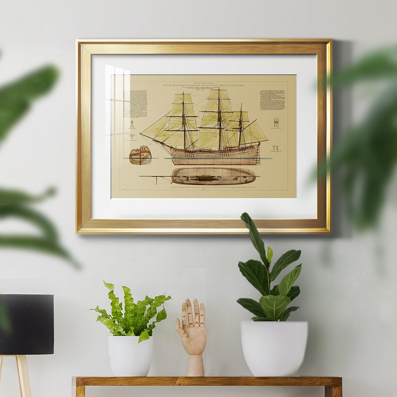 Antique Ship Plan VII - reproduction de cadre photo, L 42,5 po x H 30,5 po, Or