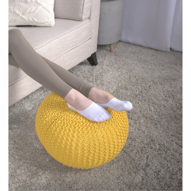 Knitted Cotton Round Pouf, Yellow Cotton