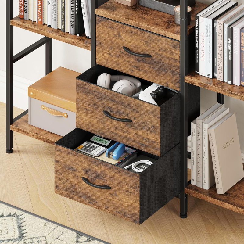 Industrial 4-Tier Bookshelf With 3 Fabric Drawers And 10 Display Shelves, Sturdy Large Bookcase For Home And Office, Rustic Brown Finish