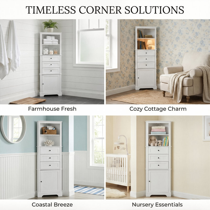 69" Tall Corner Storage Cabinet With 3 Drawers & Adjustable Shelves, Freestanding Triangle Bathroom Linen Tower (Green / White / Black)