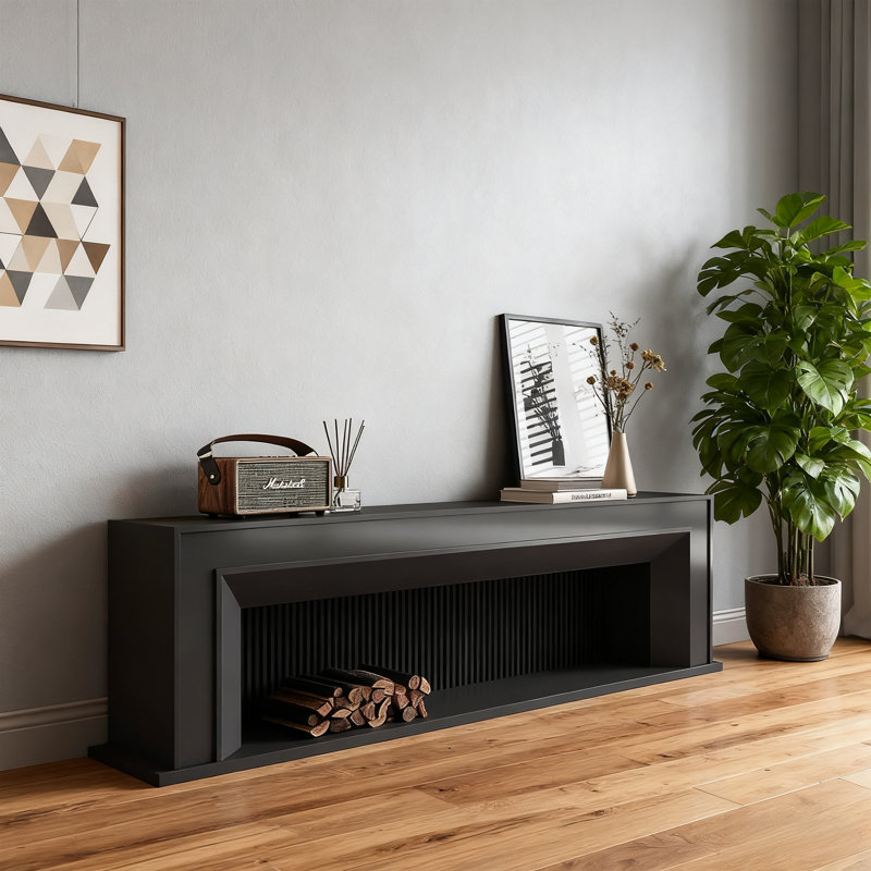 Meuble télé avec foyer en bois de hêtre massif blanc / noir clair, L 86,61 po, Noir