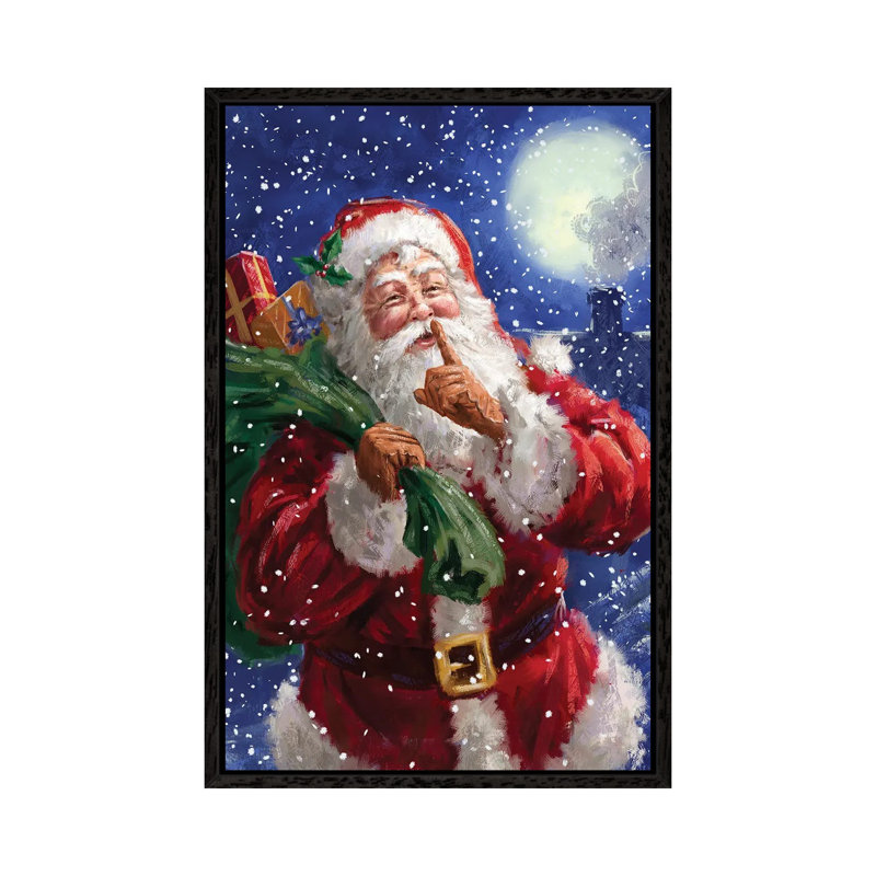 Santa On Blue With Moon by Marcello Corti - Painting on Canvas, 101.6 cm H x 66.04 cm W, Black Framed Canvas