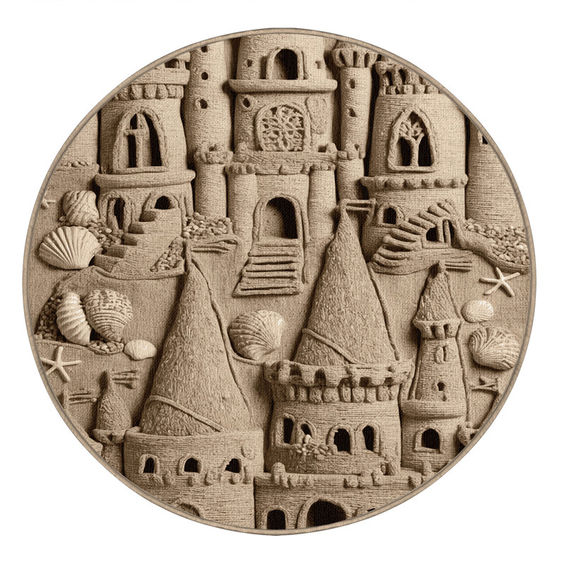 Washable Sandcastle Kingdom Coastal Area Rug, Round 6'