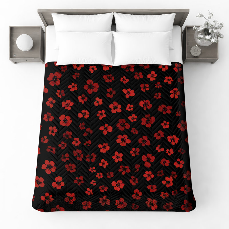 Red Floral Pattern Quilted Bedspread All Sizes, Queen