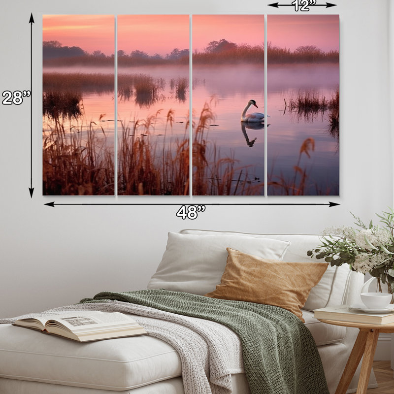 Ensemble de 4 décorations murales 4 cygnes roses au coucher du soleil