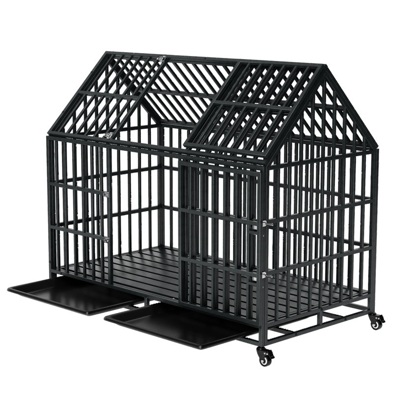Cage pour chien de 52 pouces avec toit supérieur, fer à repasser robuste, espace généreux, roues portatives, plateau amovible, serrure améliorée pour section intérieure de toit pratique pour animaux de compagnie, structure en fer massif, espace spacieux