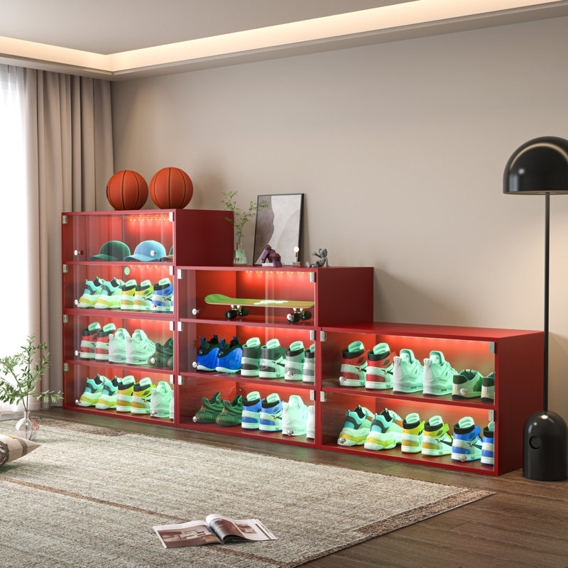 Red Sneaker Display Cabinet With Rgb Led Lighting