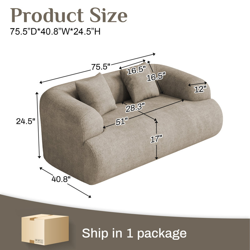 Boneless Modern Curved Sofa Compression Couch, Light Brown, 24.5" H x 75.5" W x 40.8" D