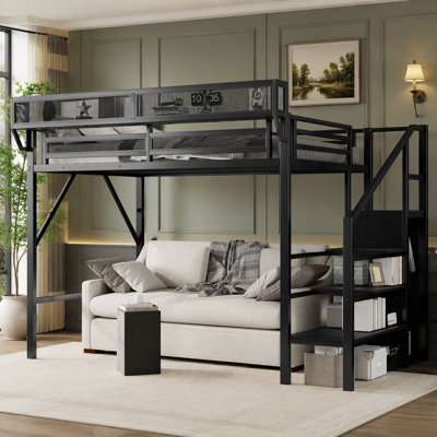 Loft Bed with Stairs, Metal Loft Bed with Storage Shelves, High Loft Bed with Wardrobe for Kids Teens