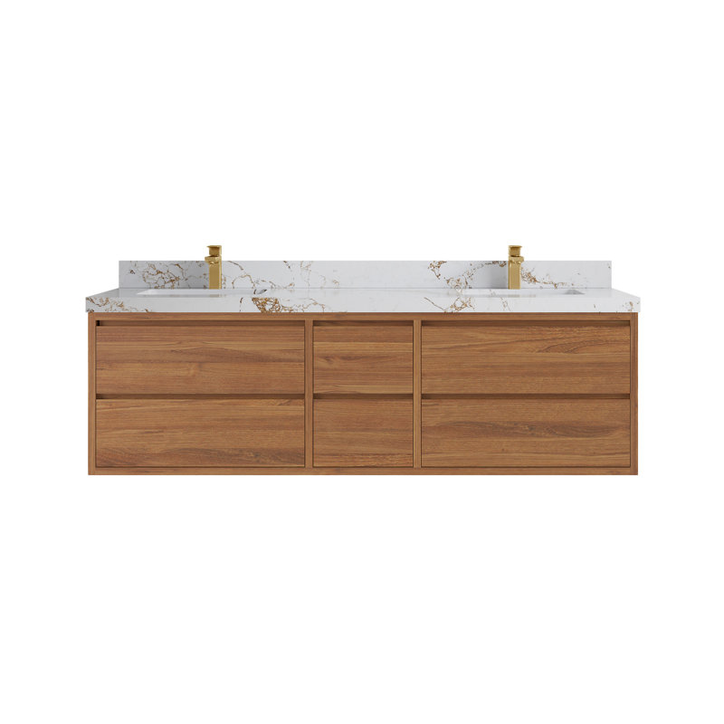 Meuble-lavabo double flottant avec dessus Madison, Doré Viola