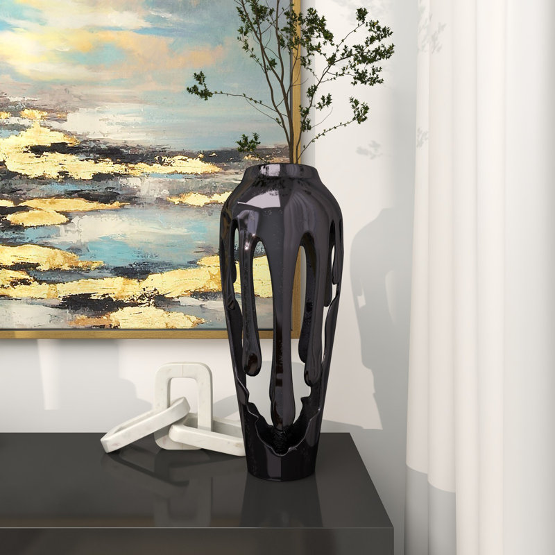 Moderna Gold Aluminum Metal Abstract Drip Decorative Vase with Melting Designed Body, 19.25" H X 8.1" W X 8.05" D, Black