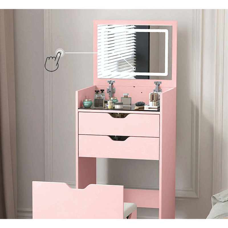 Dressing Table And Stool, 3-In-1 Multifunctional Dressing Table Set, Featuring Three-Color Lighting Modes, Hd Mirror, Two Sliding Drawers, And A Hidden Storage Stool