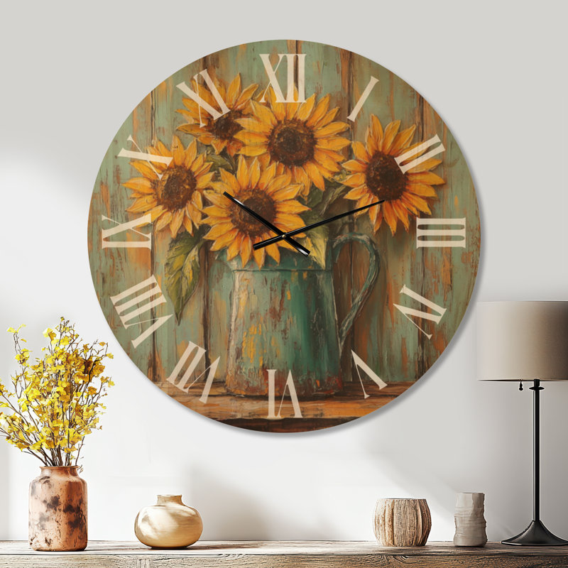 Très grande horloge murale pastorale ronde en bois rustique - tournesols dans un pichet en émail, Oversized