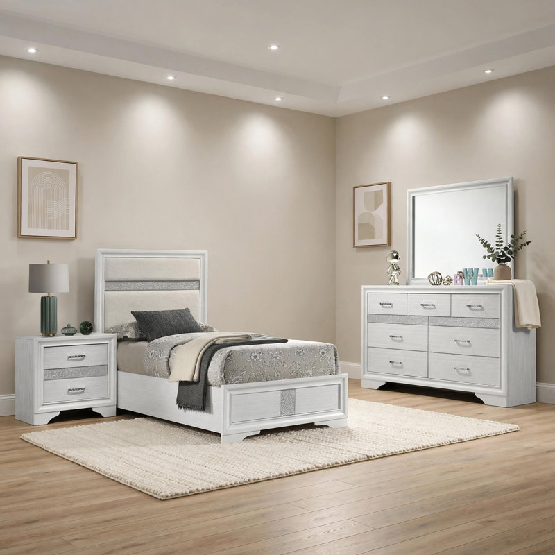 Ensemble de chambre à coucher double 4 pièces Vino, revêtement blanc, commode à rayures scintillantes Vino, Blanc, Double