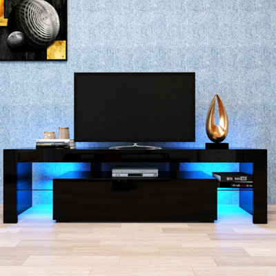 Meuble télé DEL 20 couleurs avec télécommande, noir moderne, pour téléviseurs de 60 à 69 pouces.