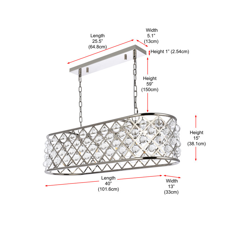 Luminaire suspendu linéaire à 6 lumières pour îlot de cuisine avec détails en cristal Swinney, Nickel poli