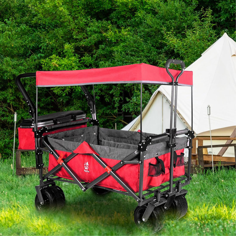 Versatile Foldable Wagon With Removable Canopy And Multiple Storage Options, Red/Gray