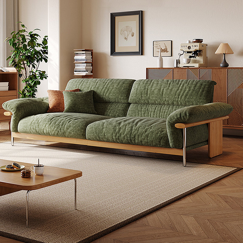 88.58"Green linen-blend loveseat with throw pillows, 35.43" H x 88.58" W x 37.4" D