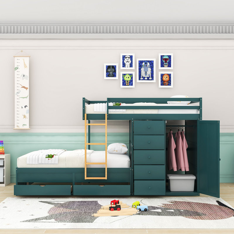 Lit superposé double au-dessus de double avec tiroirs de rangement intégrés et garde-robe, échelle, Vert Morandi