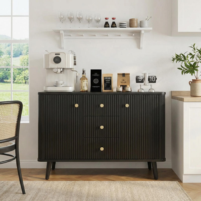 Buffet 47 po avec tiroirs, armoire d'appoint cannelée avec 2 portes et 3 tiroirs, crédence moderne pour entrée, cuisine, salon - noir