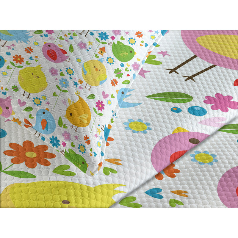 Colorful Birds and Flowers King Size White Bedspread Set