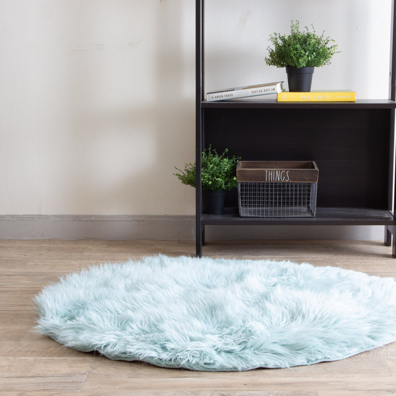 Diller Teal Faux Fur Machine Washable Shag Fluffy Area Rug, Round 5'