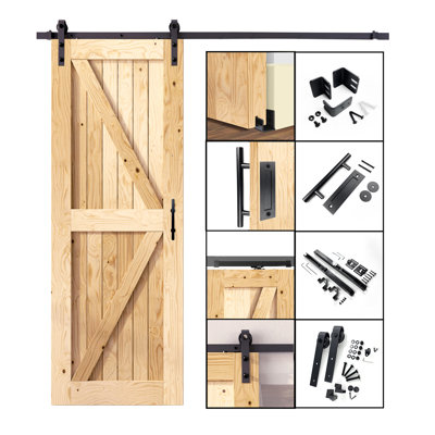 84in/80in High Paneled Wood Unfinished Barn Door With Installation Hardware Kit, Door Handle And Soft Close